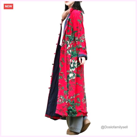 Vintage Floral Trench Coat Plus Size Cotton Linen Boho Long Jacket with Pockets - Picture 2 of 7